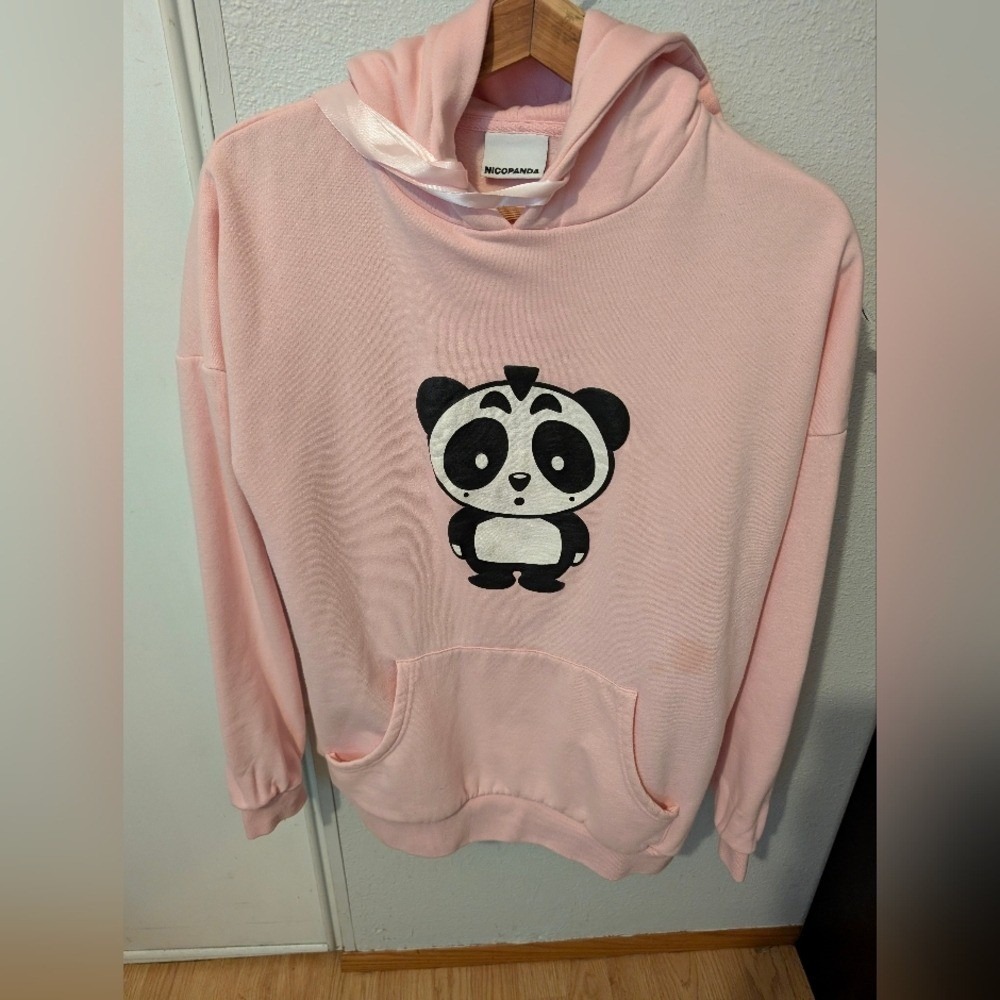 Nicopanda Pullover Sweatshirt Pink Panda Graphic Long‎ Sleeve Oversized  Size S